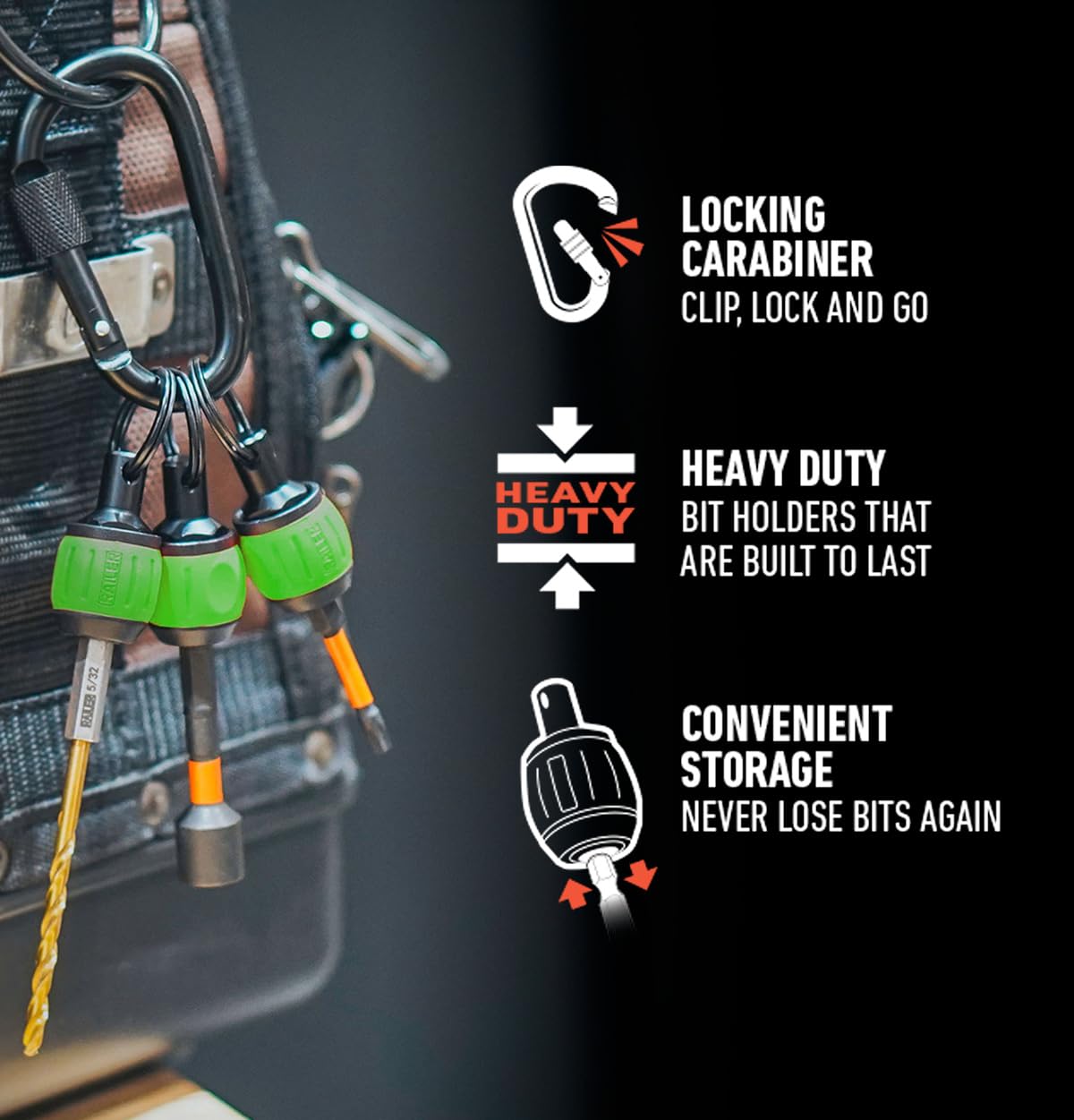 Bit Holder Key Chain Screwdrivers - Railer Heavy Duty 1/4" Hex Soft Ball Grip Bit Holders & Secure Keychain Carabiner. HVAC Tools w/Quick Release For Nut Drivers, Impact Driver & Drill Bits - Image 4