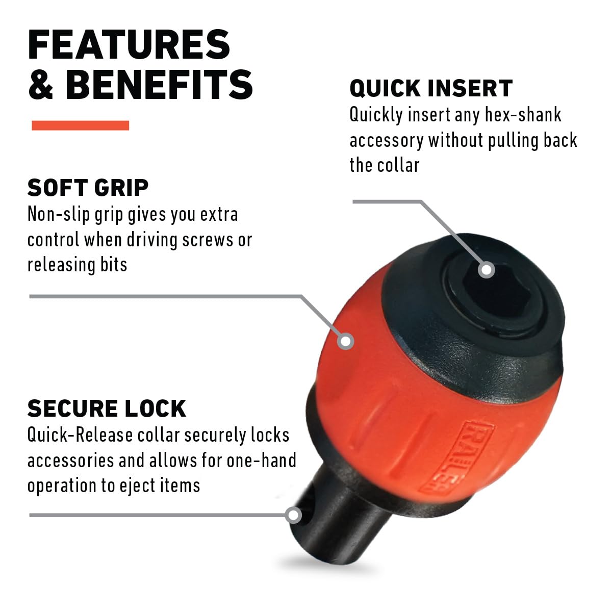 Bit Holder Key Chain Screwdrivers - Railer Heavy Duty 1/4" Hex Soft Ball Grip Bit Holders & Secure Keychain Carabiner. HVAC Tools w/Quick Release For Nut Drivers, Impact Driver & Drill Bits - Image 5